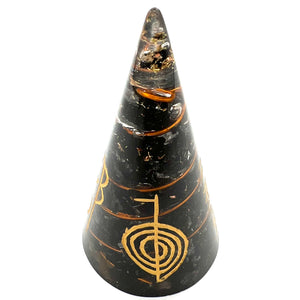 Engraved Black Tourmaline Orgonite Cone