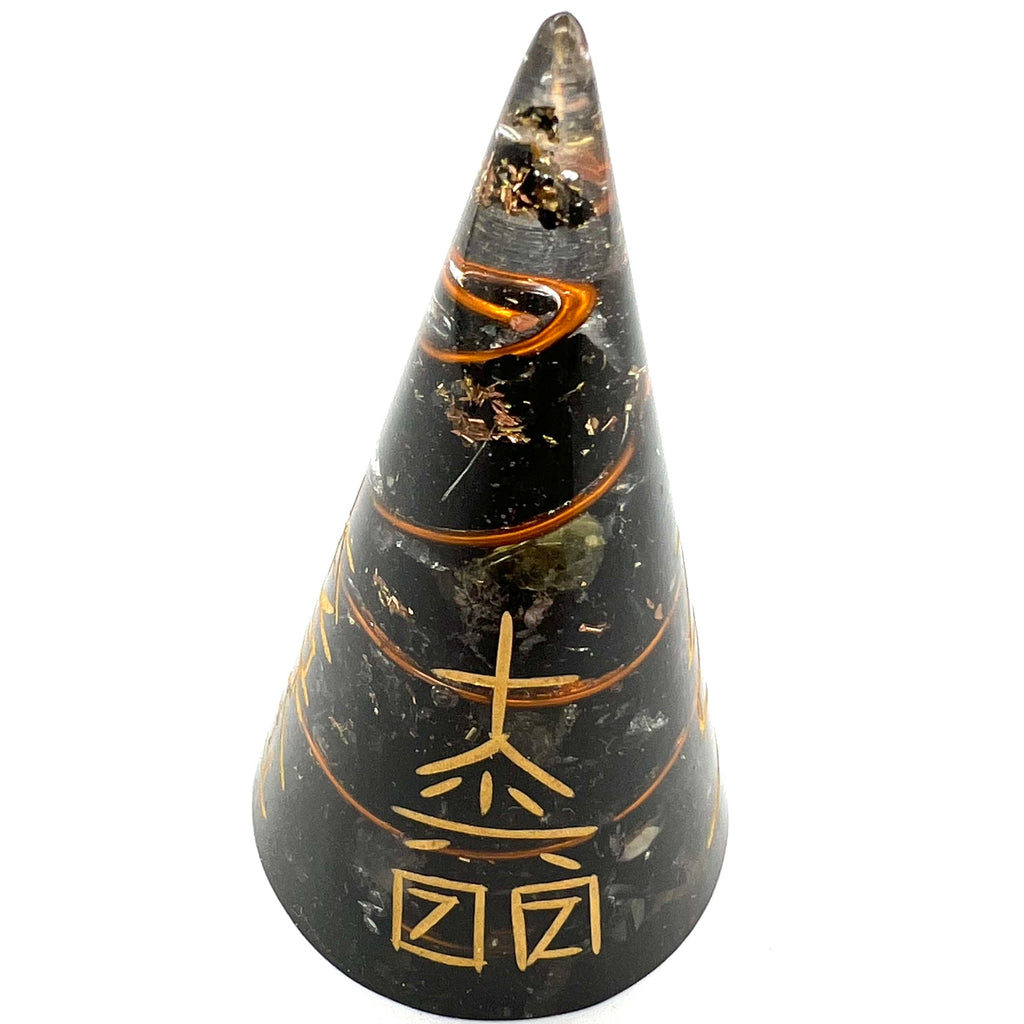 Engraved Black Tourmaline Orgonite Cone